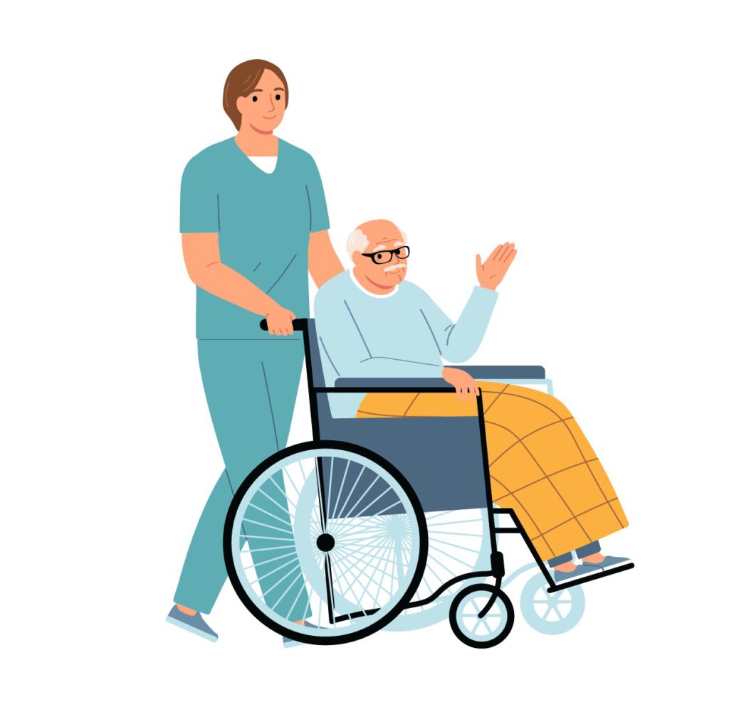 Illustration eines Pflegers, der einen Senioren im Rollstuhl schiebt