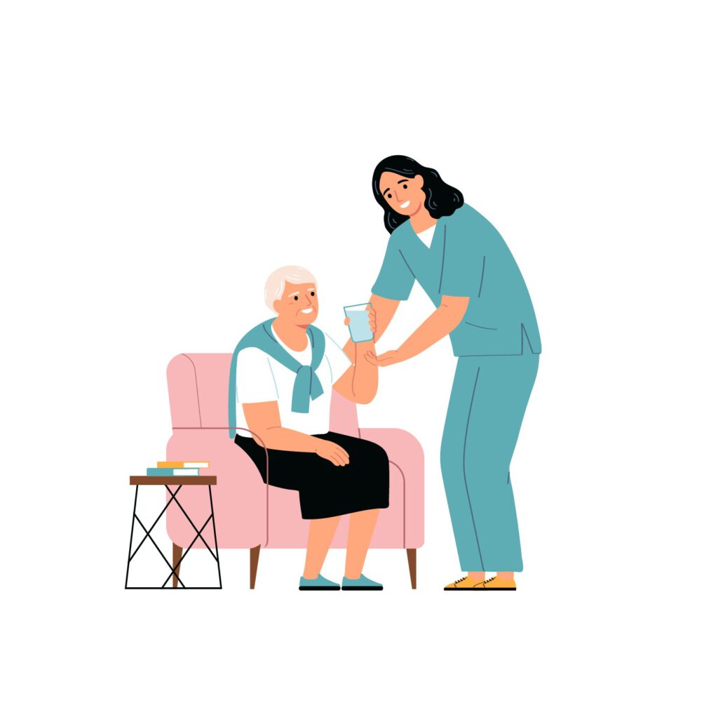 Illustration einer Pflegerin, die einer auf einem Sessel sitzenden Patientin ein Glas Wasser reicht