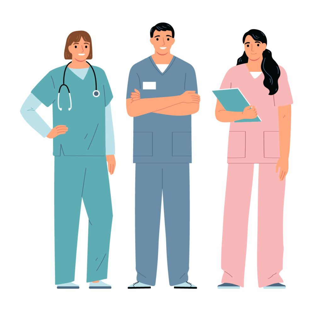 Illustration von drei Pflegern, die nebeneinander stehen